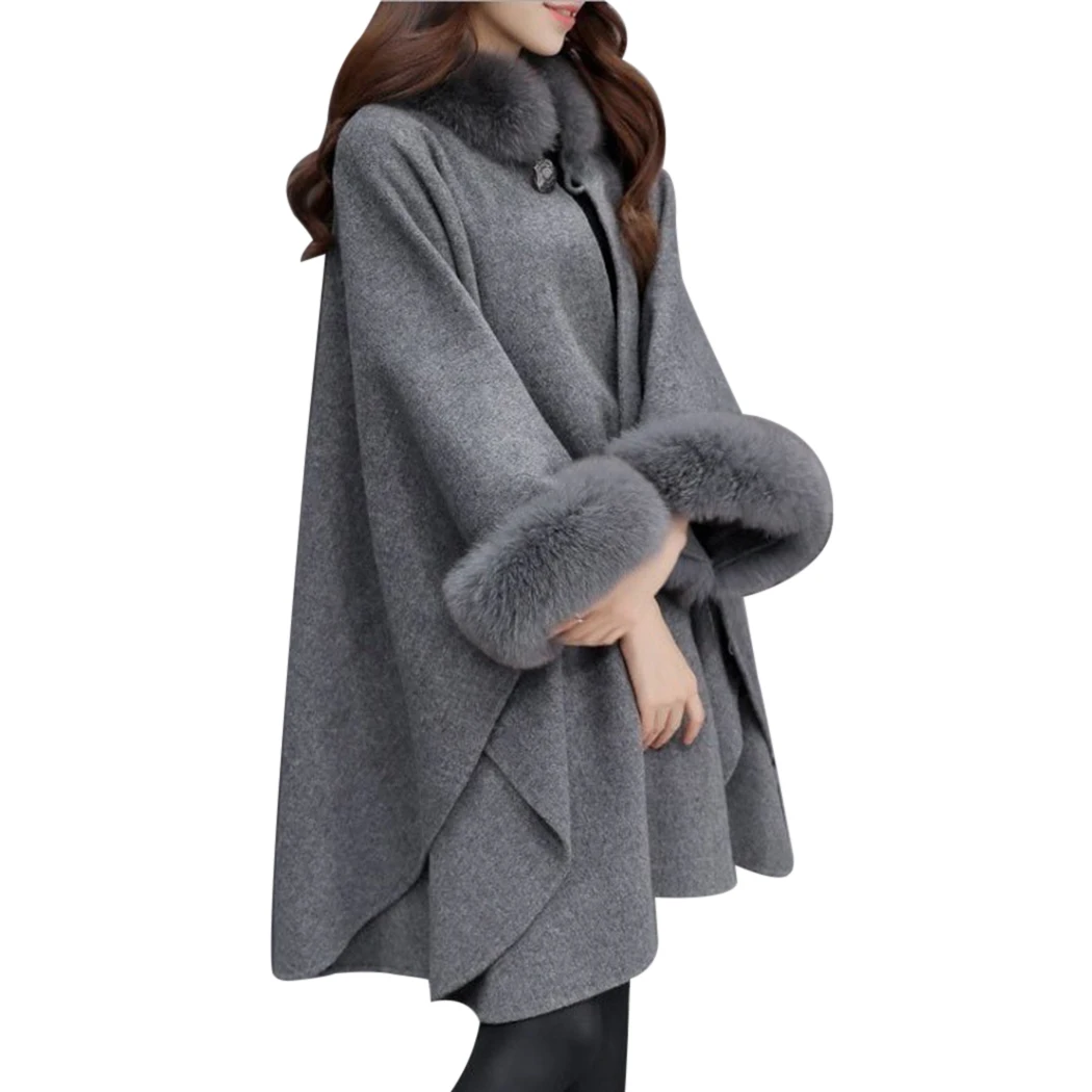 

Elegant Lady Winter Batwing Fluffy Sleeve Cape Coats New Fashion Women Woolen Overcoat Cape Fur Collar Warm Ponchos Feminino