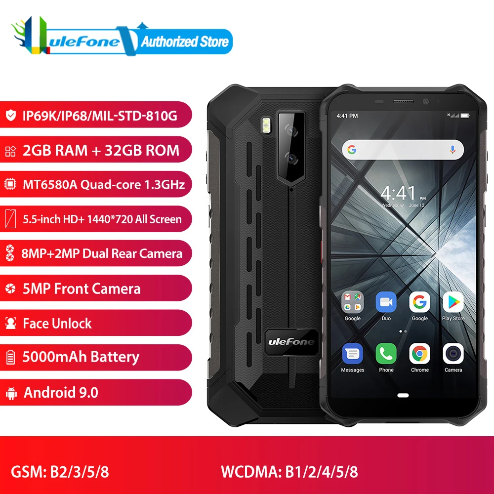 Ulefone Armor X3 водонепроницаемый экран Android 9,0 2 Гб ОЗУ+ 32 Гб ПЗУ 5000 мАч 5,5 дюйма разблокировка лица 5 Мп фронтальная камера 8 Мп+ 2 МП Двойная камера