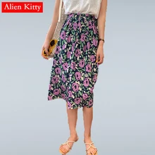 Alien Kitty/корейские летние милые повседневные Элегантные винтажные юбки до середины икры с цветочным принтом и эластичной резинкой на талии, 2 цвета