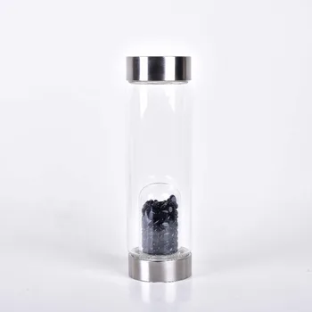 

Drop shipping Crystal Infused Black Obsidian Gemstone Rose gold Lid Stainless Steel Water Bottle
