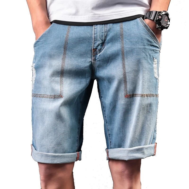 2017 Hombres Del pantalones Vaqueros Cortos de Moda Bolsillo Grande Diseño Pantalones Cortos de Mezclilla los hombres Más El Tamaño de Los Hombres Sólidos Casual Corto Azul Claro 5XL M Venta|denim