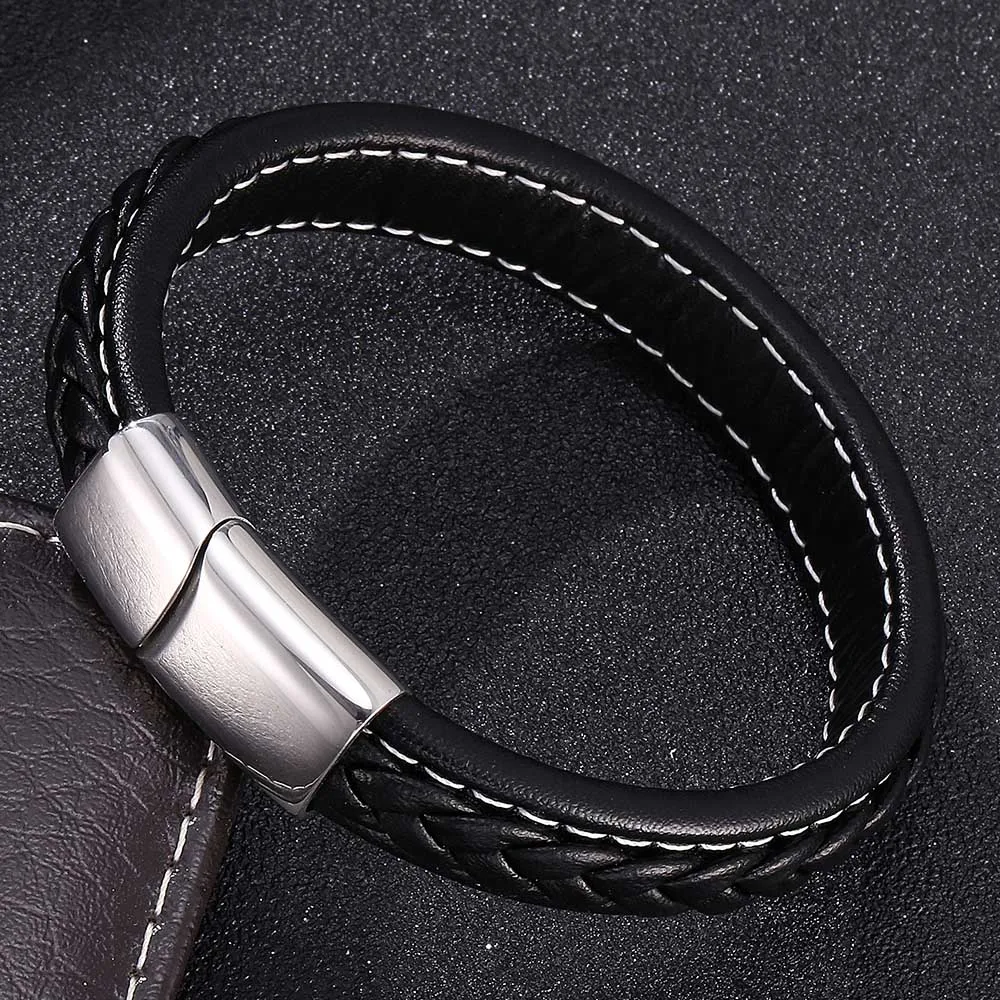 Black Leather Bracelet Men Stainless Steel Clasp Multilayer Braid Leather Rope Chain Male Wrist Band Vintage Gift E728H
