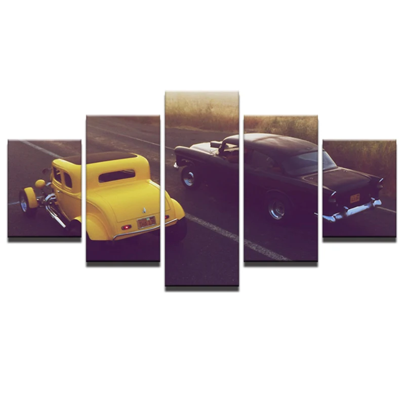 Oil-Canvas-Painting-Picture-Wall-Art-Home-Decoration-5-Panel-Black-And-Yellow-Car-For-Living (3)
