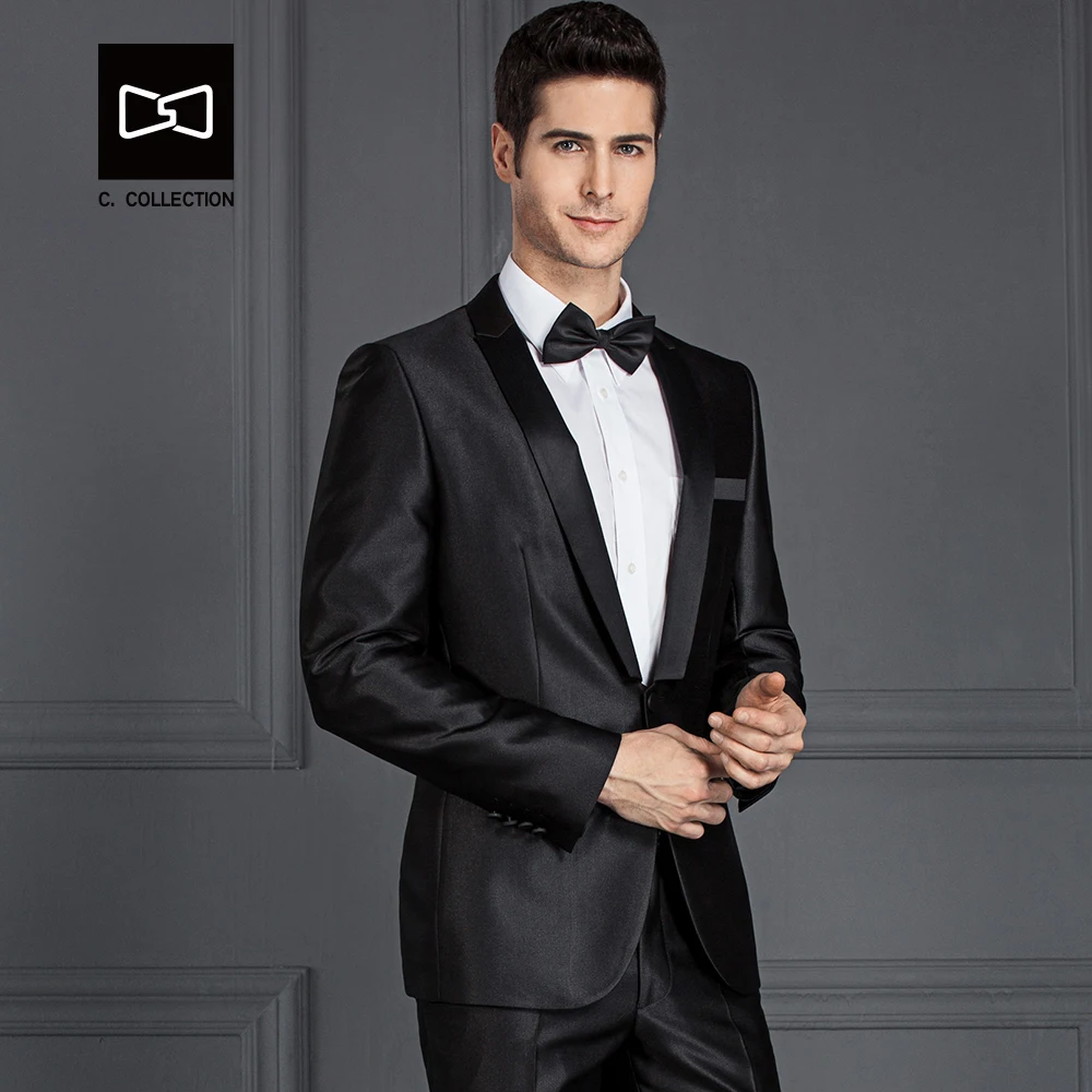 Сшитый на заказ мужской черный блестящий костюм Шавель воротник Slim fit Свадебный