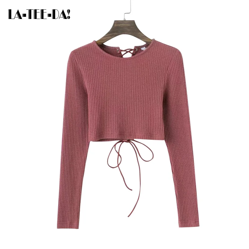 

New Pullover Sweater Women Knitted Sweater Lady Back Cross Bandage Female O-Neck Brief Slim Patchwork Short Sweater 119167 712