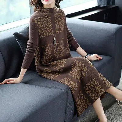 

2019 New Autumn And Winter New Loose Knit Print Dress Thickening Bottoming Sweater Elegant Robes Long Dress Vestido