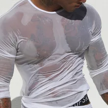 Сексуальная сетка ультра-тонкая белая черная майка Топы мужские с длинным рукавом o-образным вырезом Футболка прозрачное Прозрачное нижнее белье одежда