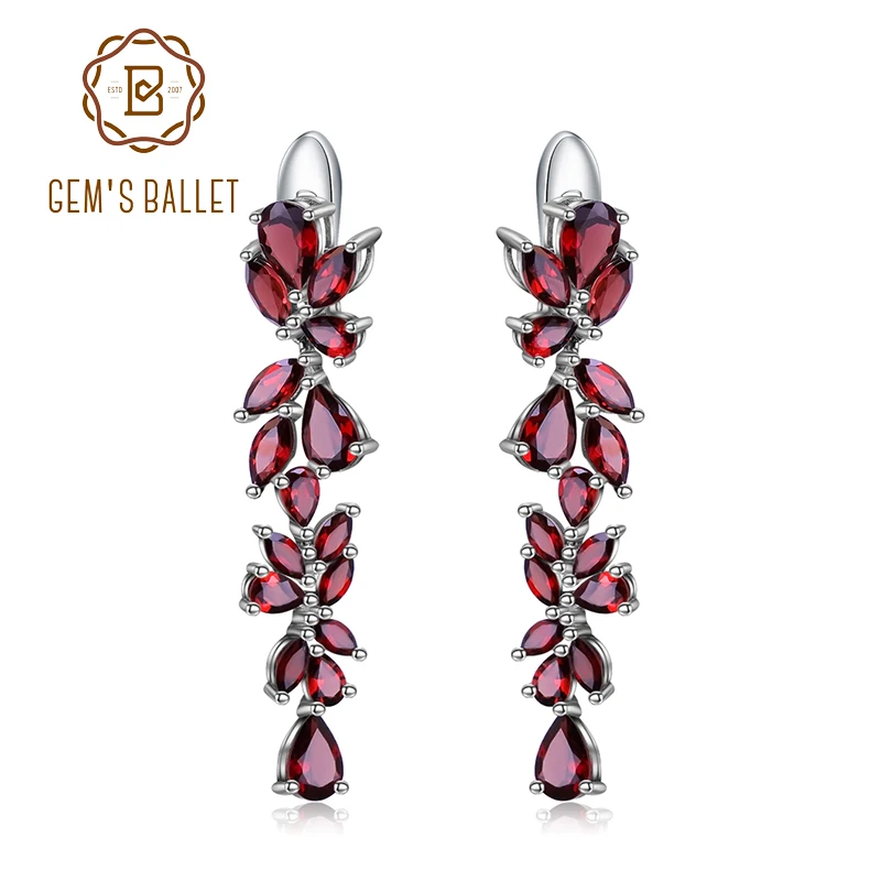 

GEM'S BALLET 20.35Ct Natural Red Garnet Earrings 925 Sterling Sliver Leaves Branches Drop Earrings For Women Engagement Jewelry