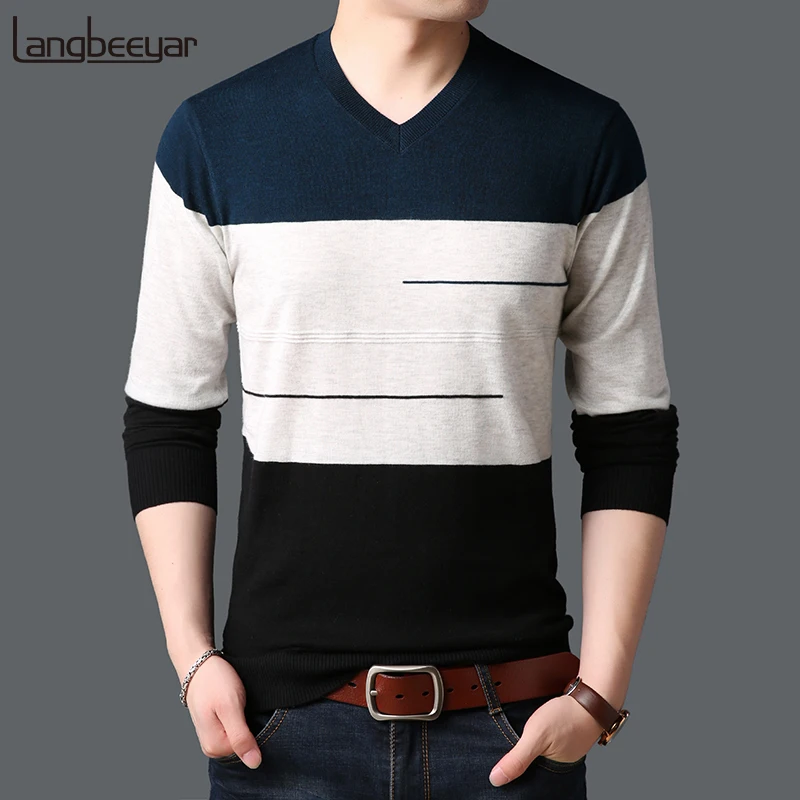 

2019 New Fashion Brand Sweaters Mens Pullovers V Neck Slim Fit Jumpers Knitwear Winter Korean Style Striped Casual Clothing Men
