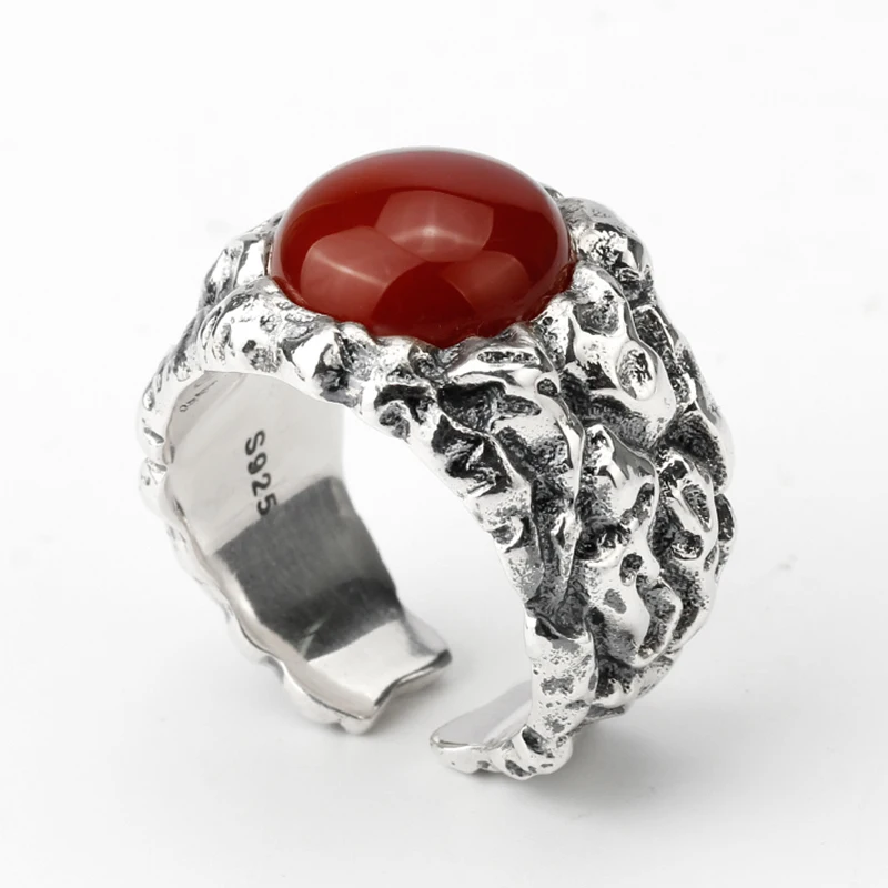 

Adjustable Mens Ring 925 Sterling Silver Punk Big Carved Red Agate Stone Engraved Mens Ring Unique Party Jewelry