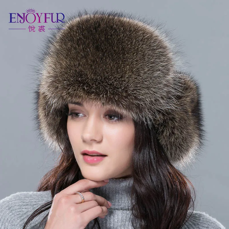 ENJOYFUR натуральный Лисий мех женские зимние шапки ушанка теплый мех пэчворк натуральная кожа шапки женские толстые русские шапки-бомберы - Цвет: H011