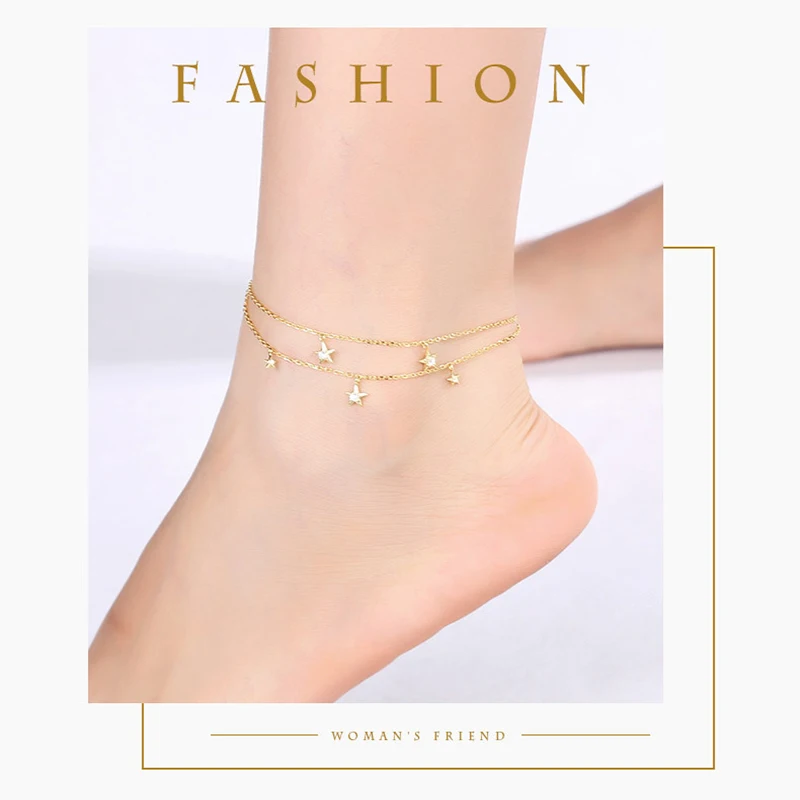 Qevila Fine Jewelry 100% 925 Sterling Silver Summer Ankle Bracelet Gold Anklet Elegant Star Foot Leg Chain Charm for Women Gift  (11)