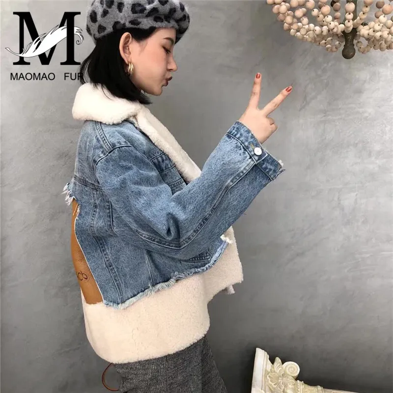 Women Real Sheep Fur Denim Jacket Winter Sheepskin Jackets Natural