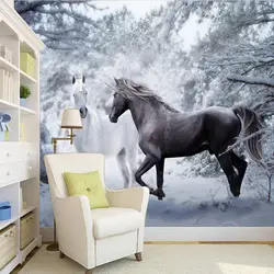Пользовательские росписи обоев 3D черный и белый конь Снежный пейзаж фото настенная живопись росписи Гостиная фон Декор стены Fresco