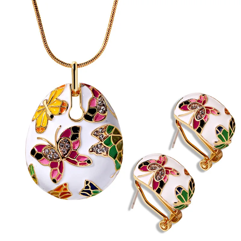Europe Vintage Enamel Necklace Earrings Jewelry Sets Fashion Butterfly
