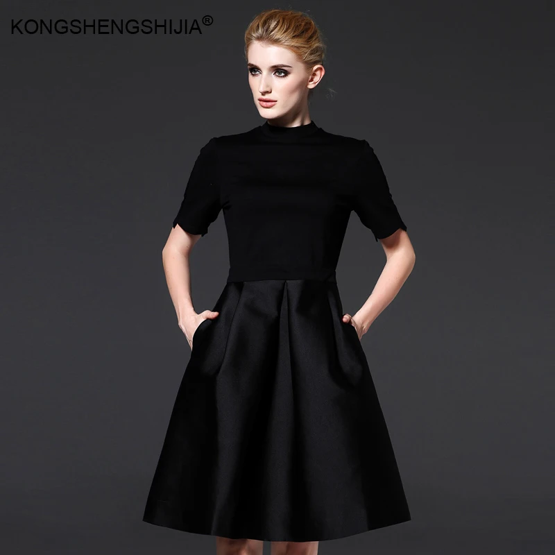 new autumn women dress elegant a line side pockets chic style black one piece dresses 16189