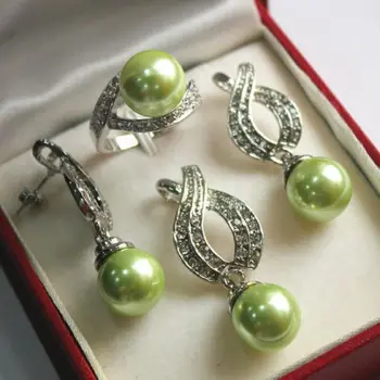 

free shipping 07711 Green Shell Pearl Pendant Necklace Earrings Ring Set (A0423)