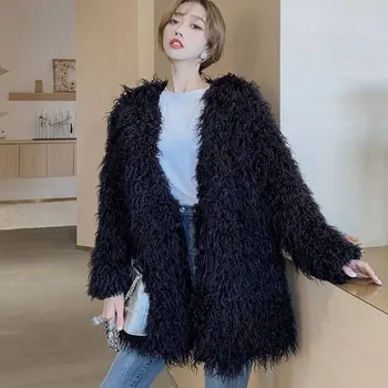

2019 Winter Faux fur Coat Faux Mongolia Sheep Fur Parka Winter Jacket Women Black Thick Warm Medium length fur Jacket Streetwear