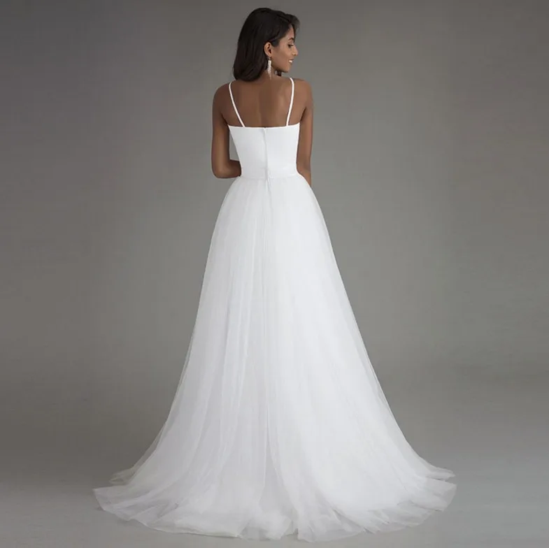 Sexy V-neck Beach Wedding Dresses Simple Tulle Spaghetti Straps Summer Bridal Wedding Gowns Custom Size Color