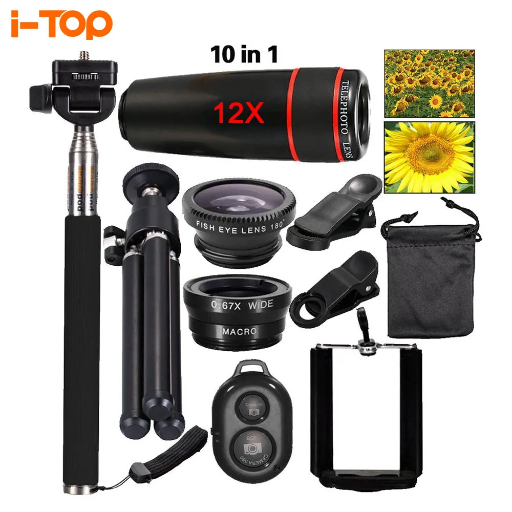 10in1 Camera Phone Lenses Kit 12x Telephoto Lens Fisheye Wide angle