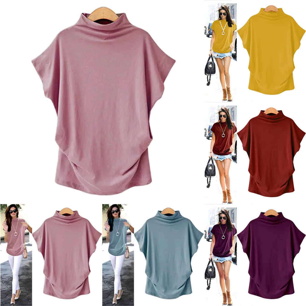 Летняя футболка размера плюс S-6XL, Женская водолазка из плотной шерстяной ткани с коротким рукавом, повседневный Топ, новая мода, N4