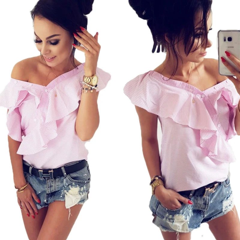 

New Fashion Women Sexy Ruffle Neck Off-shoulder Blouses Shirts Casual Loose Women Sexy Beach Blouses Tops