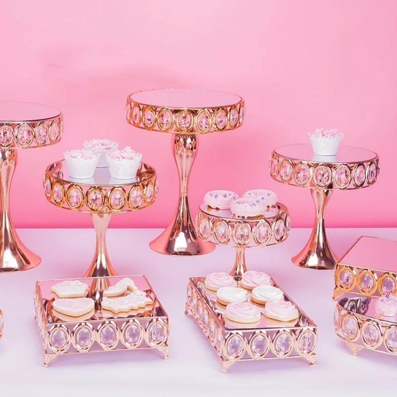 

3pcs-8pcs gold cake stand for cupstand mirror Top Crystal Dessert Wedding Party Display Pedestal