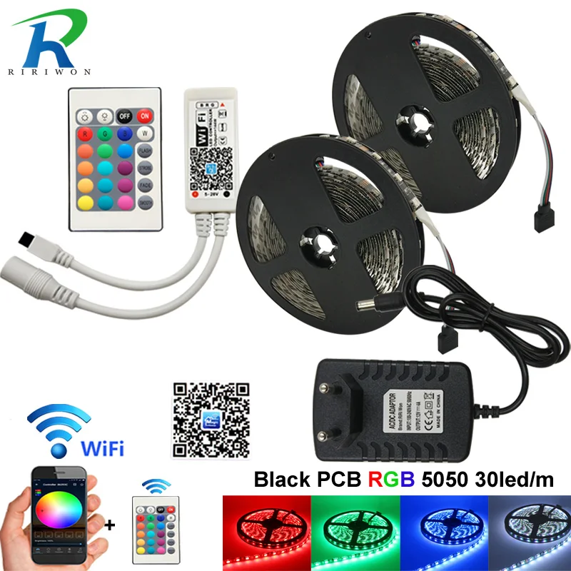 

WiFi RGB LED Strip DC 12V Controller Syc Control by Alexa Google Home Smart Phone 10M 300LED 5050 LED Strips light WiFi Full Set