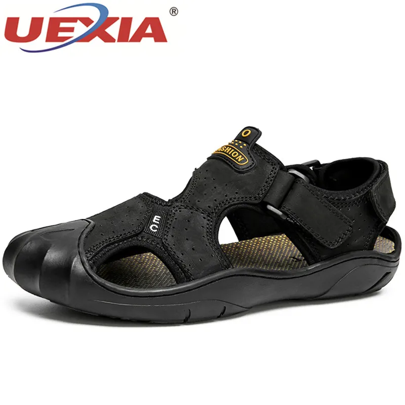 

UEXIA Anti-collision toe Shoes Men Sandals Summer Flats Leather Outdoor Beach Slippers Walking Sport Male Rubber Sole Casual