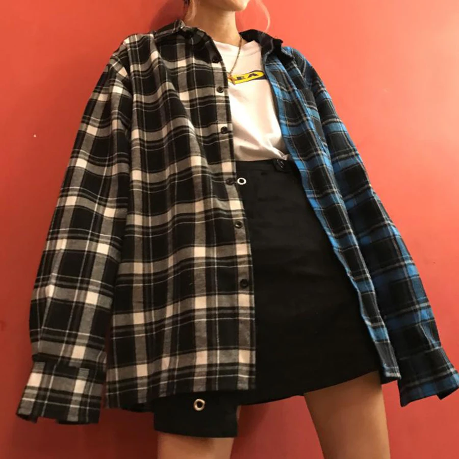 Женская свободная рубашка в клетку с длинным рукавом|womens tops and blouses|plaid shirt womenblouse