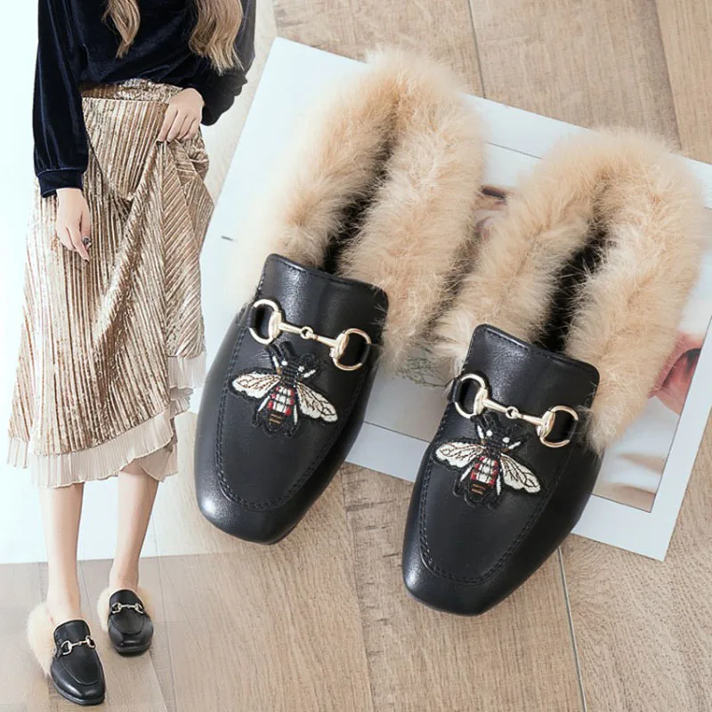 

Bailehou High Quality Fur Mules Flats Ladies Slippers Female Flip Flops Outdoor Woman Shoes Slip On Slides Casual Shoes Brand
