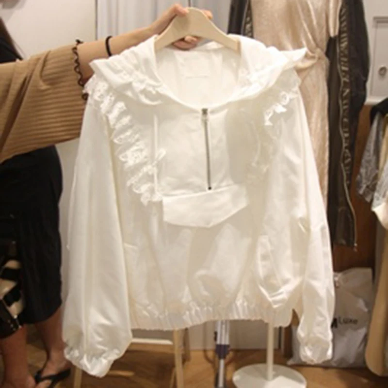 

2019 Spring Fashion Korean White Lotus Leaf Side Long Sleeve Zipper Hooded Clothes Women's Casual Pullovers Streetwear
