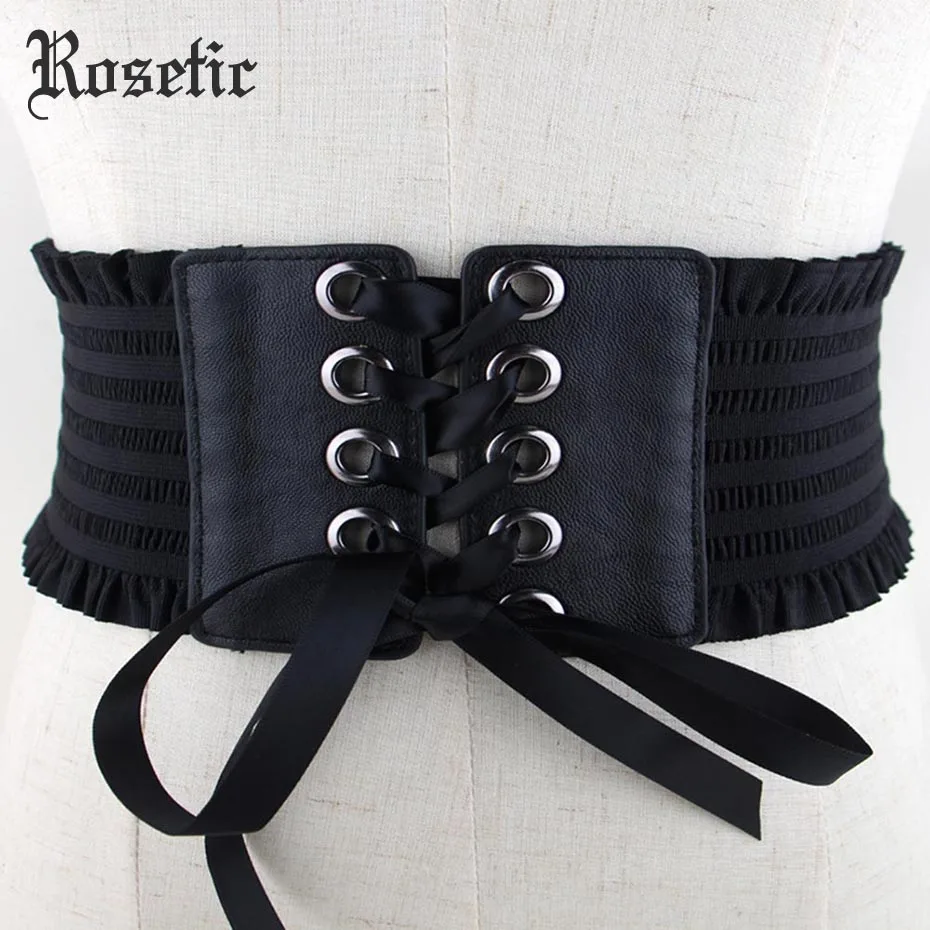 Rosetic, готический женский пояс, черная лента, на шнуровке, эластичная кожа, пэчворк, с рюшами, широкие ремни, модные, тонкие, готические аксессуары