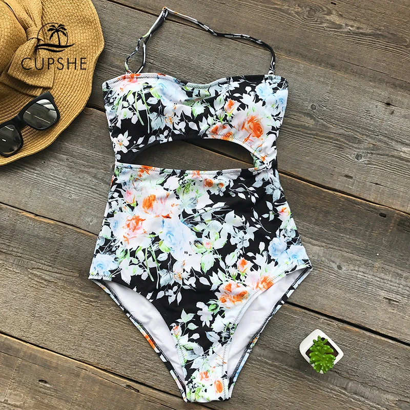 

CUPSHE Tender Night Floral Print Bikini Set Padded One Piece Swimsuit Summer Ladies Beach Bathing Suit Swimwear with Cutout