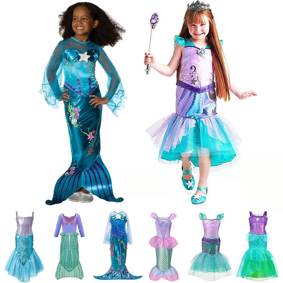 Kids Girl Little Mermaid Princess Ariel Dress Cosplay Costume Children Halloween Clothes Green Fancy Dress for Girls Party Prom