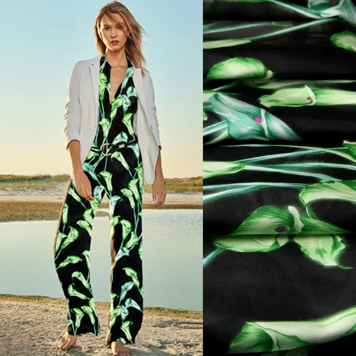 

135CM Wide 12MM Green Floral Print Black Silk Crepe de Chine Fabric for Summer Blouse Dress Shirt Clothes D800