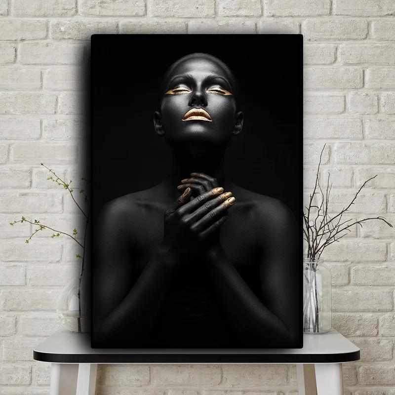 Африканское искусство молиться Обнаженная женщина черная и Золотая картина маслом на холсте Куадрос плакаты и печать, Картина Настенная для декора гостиной