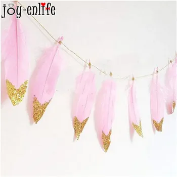 

2M Beautiful Pink Feather Garlands With Gold Glitter Powders Hanging Garlands Pastel Wedding Bunting Banner Girls Room Decor
