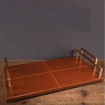 

36x20cm Rectangle Serving Plate with Leather Upholstery / 8cm High / Hand Made Crafts Brush Metal Handle