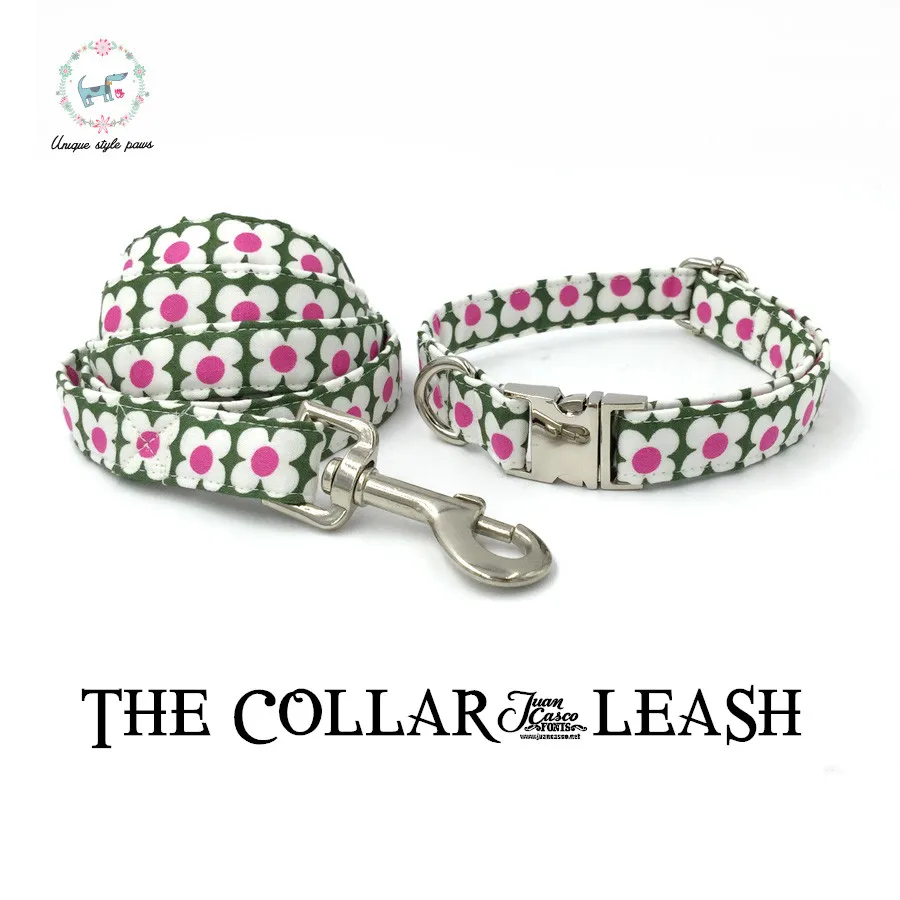 

Dog Collar and Perro Leash Personal Custom Pet Puppy Designer Pet Necklace Dog &Cat Collar Green and Pink Flowers