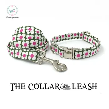 

Dog Collar and Perro Leash Personal Custom Pet Puppy Designer Pet Necklace Dog &Cat Collar Green and Pink Flowers