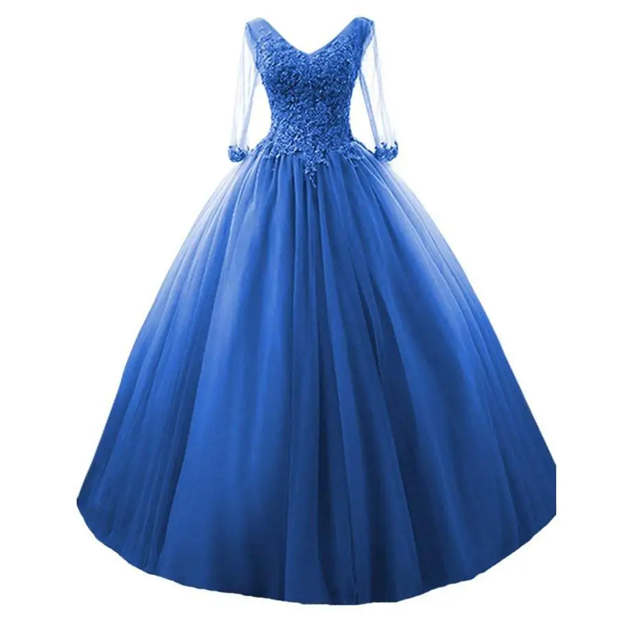 

LISM 2018 Appliques 3/4 Sheer Sleeves Prom Gowns Tulle Ball Gown Formal Dress V Neck Long Quinceanera Dress vestidos de 15 anos