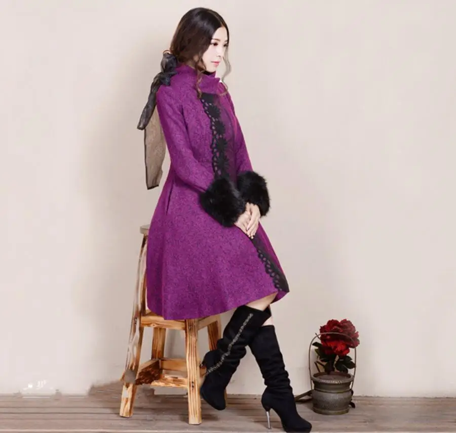 Outwear Hiver Manteau Femme Femmes Fourrure Laine Col Nouveau Couture Purple Collier Longue Dentelle 2018 R613 En Rétro Automne De Stand Vestes ZwPExnUY