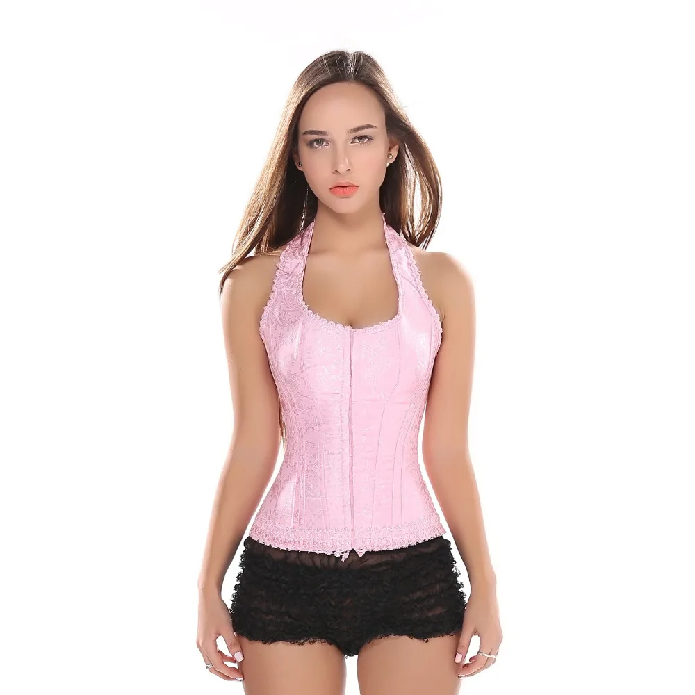 Sexy Pink Straps Hook&Eye Overbust Corset Jacquard Lace Up Boned Bustier BodyShaper Halter neck outwear S-2XL