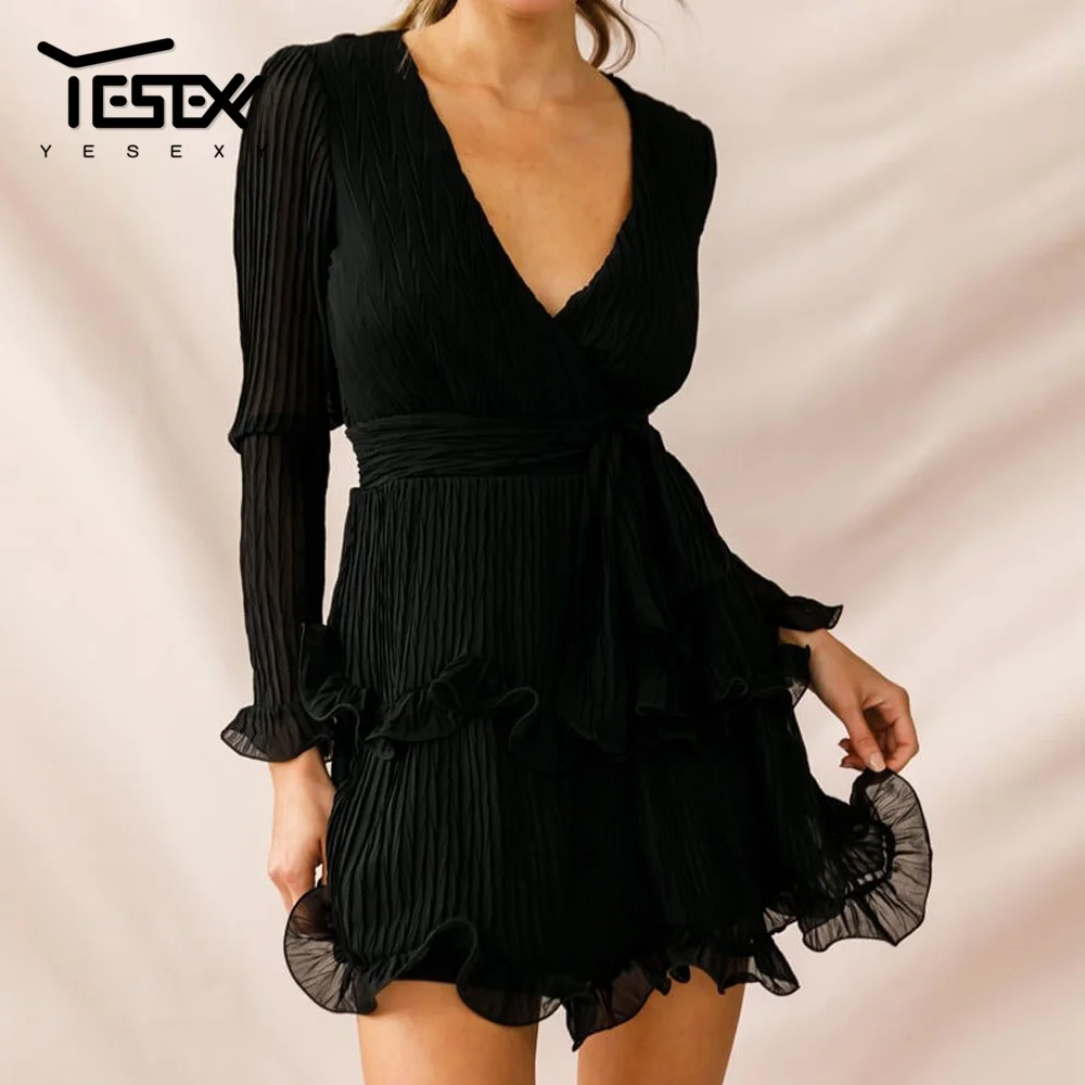 Yesexy 2019 сексуальные платья с v образным вырезом и оборками длинным рукавом