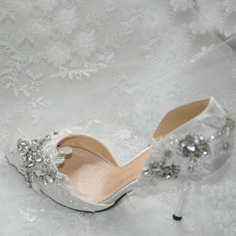 2015 Handmade Wedding Shoes Plus Size Satin Pointed Toe Pumps High Heel Wedding Shoes White Color Rhinestone Bridal Dress Shoes