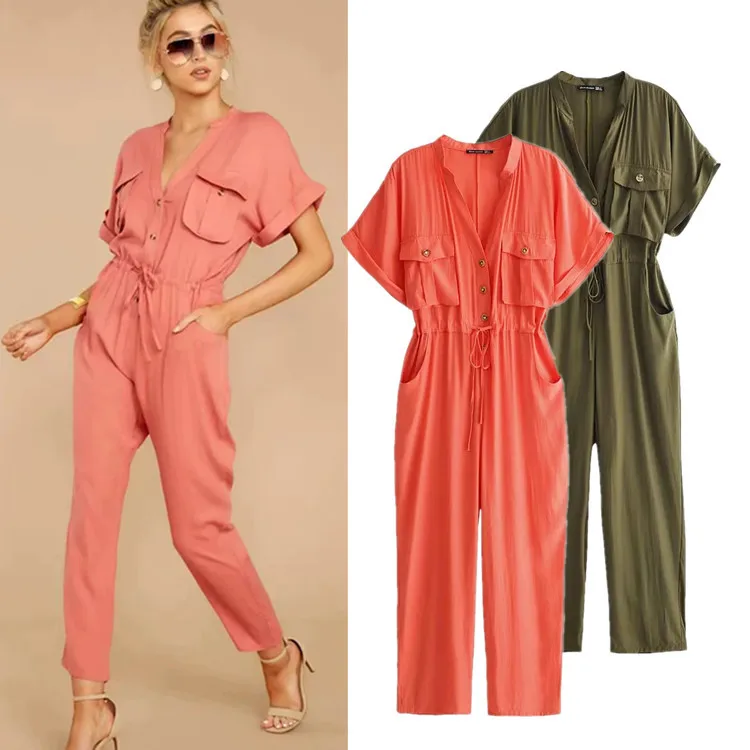overall orange army green long rompers womens jumpsuit women casual office work OL jumpsuit and rompers 2019
