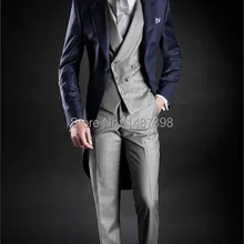 Утро Стиль одна кнопка Темно-синие жениха Смокинги для женихов Пик нагрудные Best мужчина дружки Для мужчин Нарядные Костюмы для свадьбы(куртка+ Брюки для девочек+ жилет+ галстук