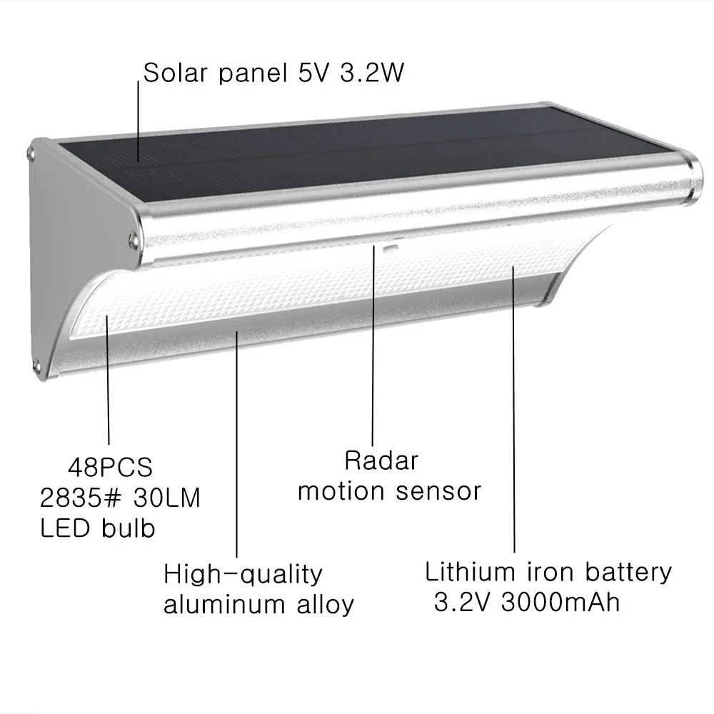 Открытый светодиодный солнечный свет 48 Светодиодный светильник 900LM радар Датчик движения лампа Сад Освещение на солнечной энергии безопасность свет с батареей