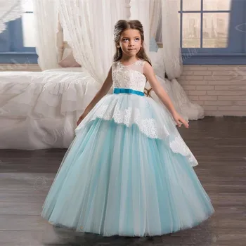 

2018 Romantic Light Blue Lace Flower Girl Dress for Weddings Bow Belts Girl Party First Communion Dress Tulle Pageant Gown